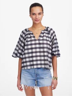 Madewell Gingham Seersucker Bubble-Sleeve Top
